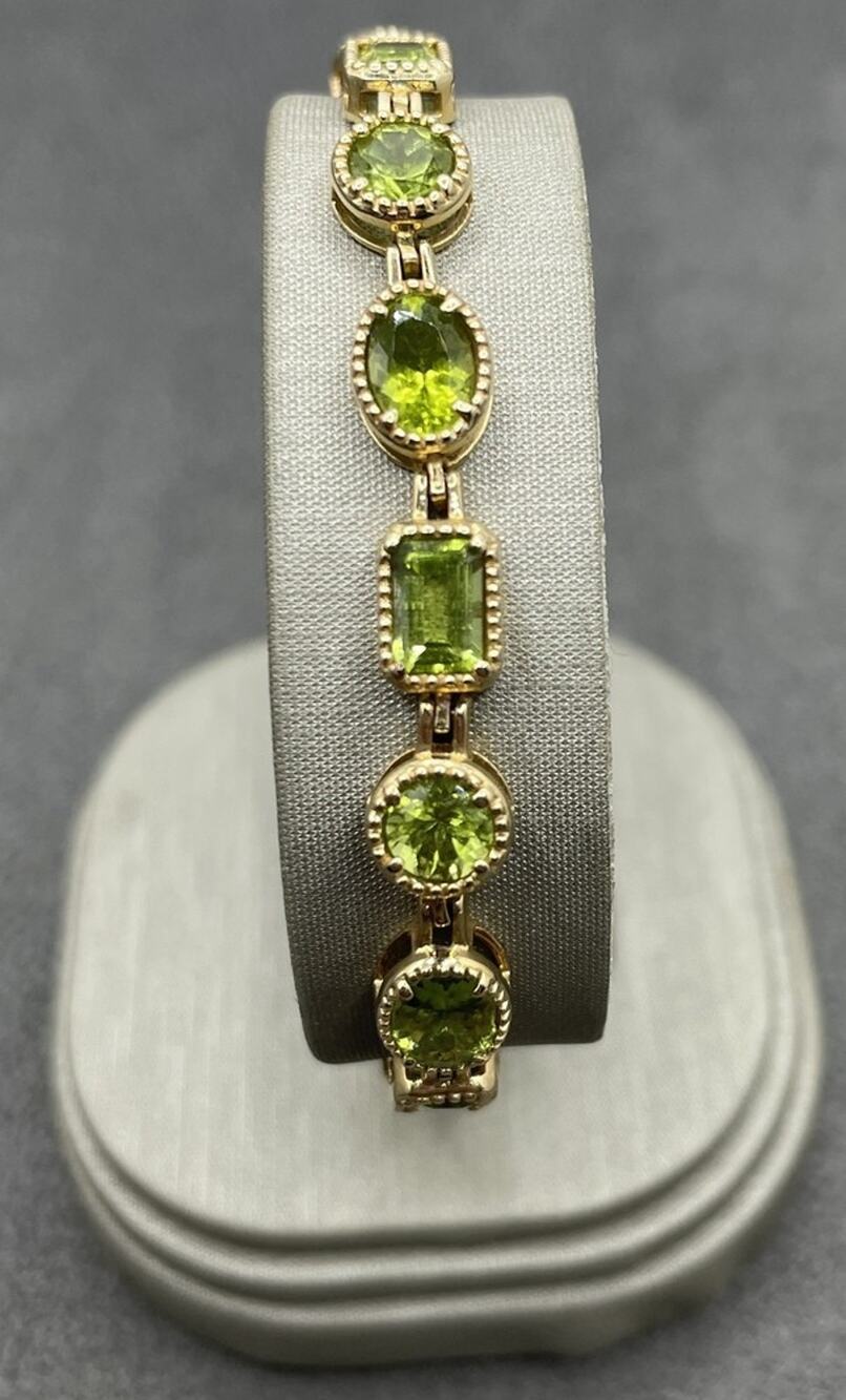 14K Yellow Gold Multi-shape Green Stone Beaded Bezel Set Bracelet (22205)